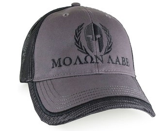 Custom Molon Labe Spartan Warrior Mask Black Embroidery on an Adjustable Structured Charcoal and Black Trucker Cap Classic Profile