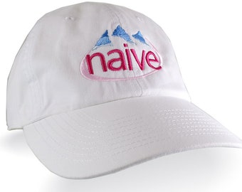 Naive Evian Water Humorous Parody Embroidery on an Adjustable White Unstructured Dad Hat Baseball Cap