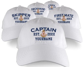 Custom Personalized Captain First Mate Skipper Deckhand Crew Embroidery on an Adjustable Unstructured White Baseball Cap with Option