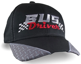 Bus Driver Racing Style Embroidery Design Adjustable Black and Silver Diamond Plate Structured Cap with Options to Personalize this Hat