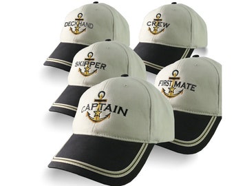 Nautical Star Anchor Captain and Crew Embroidery Adjustable Black and Beige Structured Baseball Cap Options to Personalize Boat Name