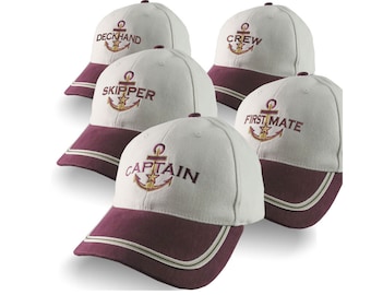 Nautical Star Anchor Captain and Crew Embroidery Adjustable Burgundy and Beige Structured Baseball Cap Options to Personalize Boat Name