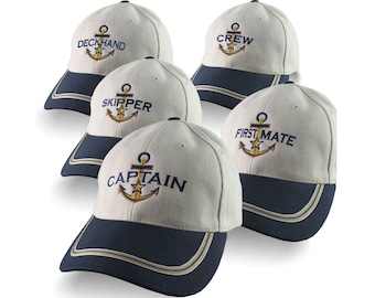 Nautical Star Anchor Captain and Crew Embroidery Adjustable Navy Blue and Beige Structured Baseball Cap Options to Personalize Boat Name