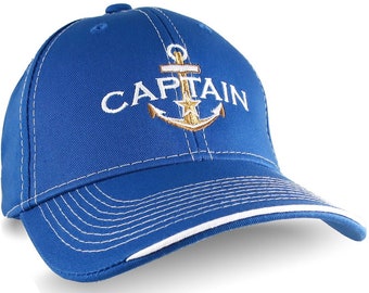 Nautical Star Golden Anchor Boat Captain Embroidery on an Adjustable Royal Blue Structured Baseball Cap with Options to Personalize The Hat