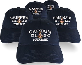 Custom Personalized Captain First Mate Skipper Deckhand Crew Embroidery on an Adjustable Unstructured Navy Blue Baseball Cap with Option