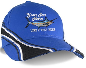 Custom Personalized Blue Marlin Fish Embroidery Adjustable Royal Blue Structured Polycotton Baseball Cap with Option to Personalize the Back