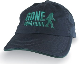 Gone Squatchin Humorous Sasquatch Bigfoot Silhouette Green Embroidery on an Adjustable Navy Blue and Green Unstructured Baseball Cap Dad Hat