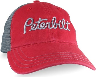 Peterbilt Truck Transport Silver 3D Puff Raised Embroidery on an Adjustable Red Unstructured Low Profile Classic Trucker Mesh Cap