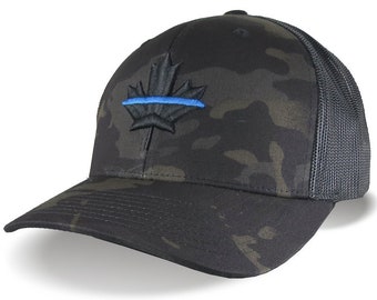 Blue Line 3D Puff Black Maple Leaf Raised Embroidery on an Adjustable Black Multicam Structured Premium Mid-Profile Yupoong Trucker Mesh Cap