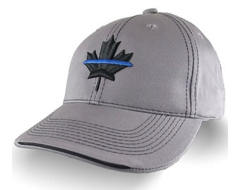 Canadian Maple Leaf Thin Blue Line Canada Police 3D Puff Embroidery on Adjustable Silver Grey Structured Adjustable Baseball Cap and Options