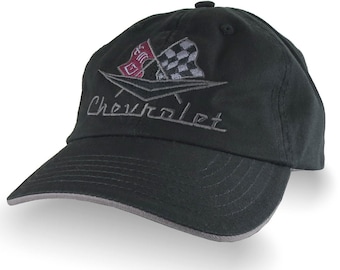 Vintage Chevrolet Embroidery on an Adjustable Unstructured Classic Dad Hat in Black and Charcoal Trimmed Cap with Personalization Options