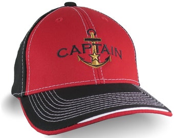 Nautical Star Golden Anchor Boat Captain Embroidery on an Adjustable Red and Black Structured Baseball Cap Options to Personalize This Hat