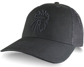 Rooster Head Black 3D Puff Raised Embroidery on an Adjustable Black Structured Truckers Style Snapback Ball Mesh Cap