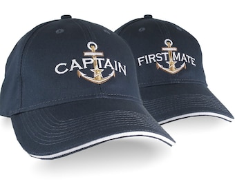 Nautical Star Golden Anchor Captain and First Mate Embroidery 2 Adjustable Navy Blue Structured Baseball Caps Options Personalize Both Hats