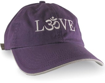 Love Om Symbol Beige Embroidery on a Napa Purple Adjustable Unstructured Dad Hat Style Baseball Cap with Options