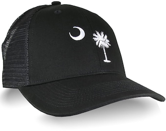 South Carolina State Flag Embroidery on an Adjustable Black Structured Classic Trucker Mesh Cap