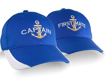 Nautical Star Golden Anchor Captain First Mate Embroidery 2 Adjustable Royal Blue Structured Classic Ball Caps Options Personalize Both Hats