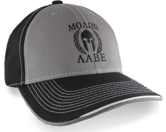 Molon Labe Spartan Warrior Mask in Laurels Black Embroidery on an Adjustable Grey and Black Structured Baseball Cap