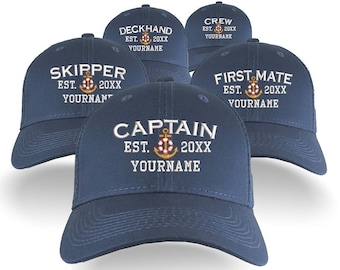 Custom Personalized Captain First Mate Skipper Deckhand Crew Embroidery on Adjustable Structured Navy Blue Classic Full Fit Trucker Mesh Cap