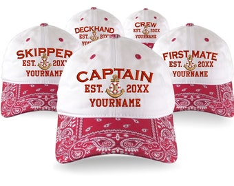 Personalized Your Name Year Captain First Mate Skipper Deckhand Crew Embroidery on Red Bandanna Adjustable Unstructured Baseball Cap Dad Hat