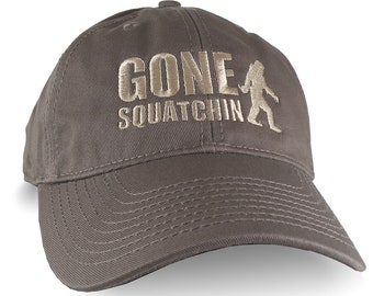 Gone Squatchin Humorous Sasquatch Bigfoot Silhouette Taupe Embroidery on an Adjustable Light Brown Unstructured Baseball Cap