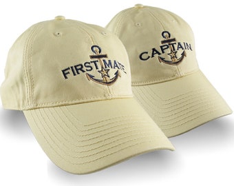 Nautical Golden Star Anchor Captain and First Mate Embroidery 2 Adjustable Retro Yellow Unstructured Caps with Options to Personalize 2 Hats