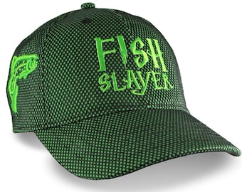 Custom Fish Slayer Trout Embroidery on an Adjustable Structured Kelly Green Mid-Profile Baseball Cap Fishing in Style with Options