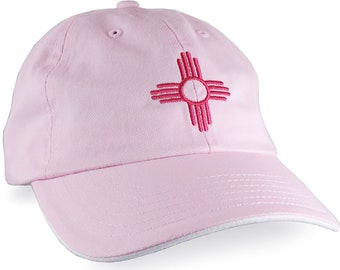 New Mexico Zia Symbol Embroidery on an Adjustable Light Pink and White Unstructured Classic Dad Hat Cap with Personalization Options