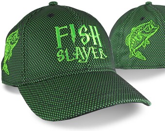 Custom Fish Slayer 3D Puff Bass Embroidery on an Adjustable Structured Kelly Green Mid-Profile Baseball Cap Fishing in Style with Options