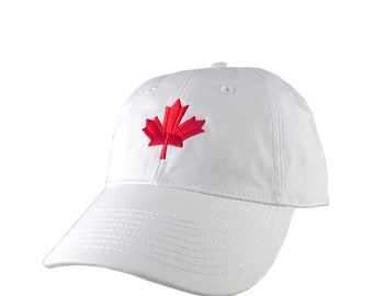 Canadian Red Maple Leaf Canada Embroidery on an Adjustable White Unstructured Classic Baseball Cap with Options to Personalize This Hat