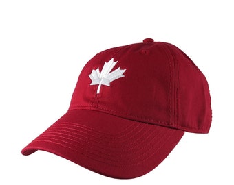 Canadian White Maple Leaf Canada Embroidery on an Adjustable Cranberry Red Unstructured Classic Baseball Cap with Option to Personalize Back
