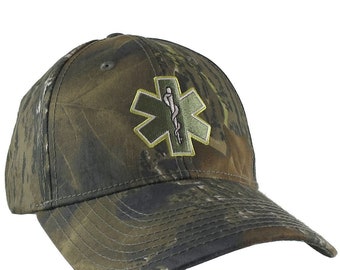 Paramedic EMT EMS Star of Life Embroidery on Adjustable Woodsman Green Camo Structured Baseball Cap Options to Personalize on 2 Locations