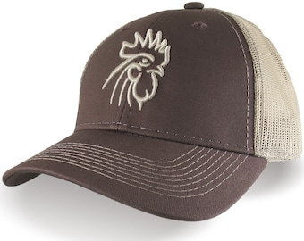 Rooster Head Beige 3D Puff Raised Embroidery on an Adjustable Brown Structured Trucker Style Mesh  Snapback Ball Cap