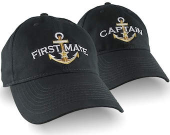 Captain and First Mate Embroidery Golden Nautical Star Anchor 2 Adjustable Black Unstructured Baseball Caps +Options Personalize Both Hats