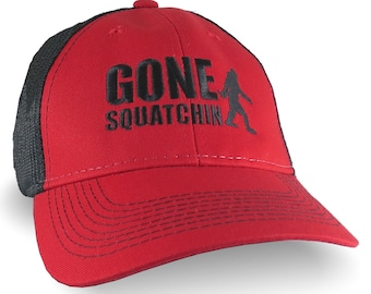 Gone Squatchin Humorous Sasquatch Bigfoot Silhouette Black Embroidery on an Adjustable Red and Black Truckers Style Ball Cap