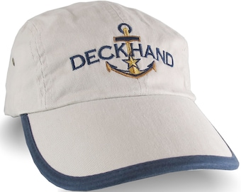 Nautical Star Anchor Deckhand Embroidery Polo Style 5 Panel Adjustable Stone Beige and Navy Blue Unstructured Cap for the Boating Enthusiast