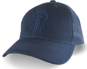 Rooster Head Navy Blue 3D Puff Raised Embroidery on an Adjustable Navy Blue Structured Trucker Style Mesh  Snapback Ball Cap