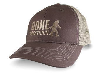Gone Squatchin Yeti Legend Sasquatch Bigfoot Silhouette Beige Embroidery on an Adjustable Brown Trucker Style Ball Cap