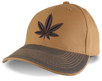 Brown 3D Puff Cannabis Leaf Raised Embroidery on an Adjustable Structured Sienna and Brown Duck Canvas Baseball Cap with Options
