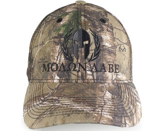 Custom Molon Labe Spartan Warrior Mask Black Embroidery on Adjustable Structured Realtree Xtra Camouflage Classic Profile Trucker Mesh Cap