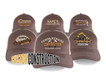 Personalized Custom Construction Renovation Contractor Carpenter Builder Embroidery on Adjustable Brown and Tan Structured Mesh Trucker Cap