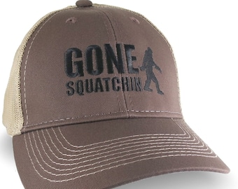 Gone Squatchin Humorous Sasquatch Bigfoot Silhouette Black Embroidery on an Adjustable Brown Trucker Style Ball Cap