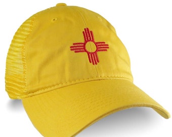 New Mexico Zia Symbol Embroidery on an Adjustable Yellow Unstructured Low Profile Sporty Trucker Mesh Cap