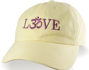 Love Om Symbol Old Rose Embroidery on a Retro Yellow Adjustable Unstructured Dad Hat Style Baseball Cap with Options