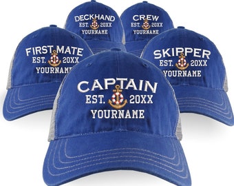 Custom Personalized Captain First Mate Skipper Deckhand Crew Embroidery on Adjustable Unstructured Royal Blue Washed Cotton Trucker Mesh Cap