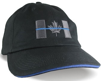 Canadian Thin Blue Line Canada Police Symbolic Embroidery on an Adjustable Black Blue Trimmed Unstructured Adjustable Baseball Cap Options