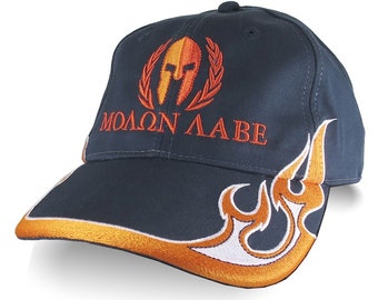 Molon Labe Spartan Warrior Roman Gladiator Laurels Embroidery on Adjustable Navy Blue Structured Orange Devil Flames Baseball Cap