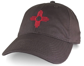 New Mexico State Flag ZIA Symbol Red Embroidery Design on an Adjustable Chocolate Brown Unstructured Classic Baseball Cap Dad Hat