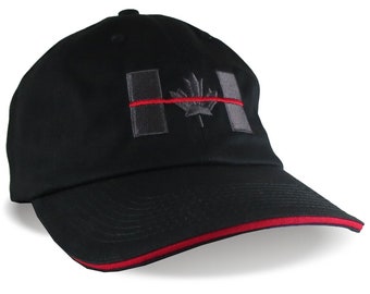 Canadian Thin Red Line Canada Firefighter Symbol Embroidery on an Adjustable Black Red Trimmed Unstructured Adjustable Baseball Cap Options