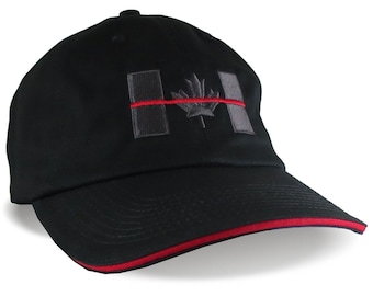 Canadian Thin Red Line Canada Firefighter Symbol Embroidery on an Adjustable Black Red Trimmed Unstructured Adjustable Baseball Cap Options